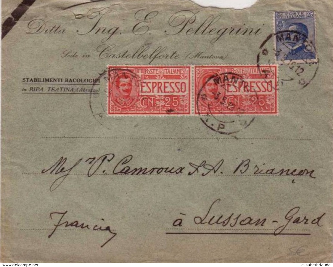 ITALIE - 1919 - LETTRE PAR EXPRES De CASTELBELFORTE (MANTOVA) Pour LUSSAN (GARD) - Eilsendung (Eilpost)