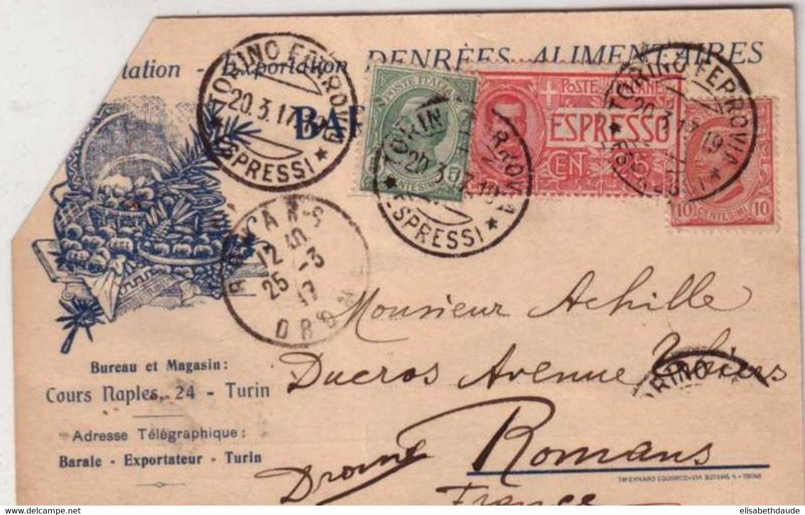 ITALIE - 1917 - CARTE COMMERCIALE PAR EXPRES De TURIN  Pour ROMANS (DROME) - - Poste Exprèsse