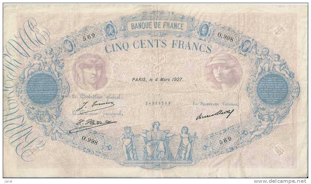 - FRANCE - BILLETS - 500 F - BLEU ET ROSE - 4 MARS 1927 - N° 569 - O . 998 - - 500 F 1888-1940 ''Bleu Et Rose''