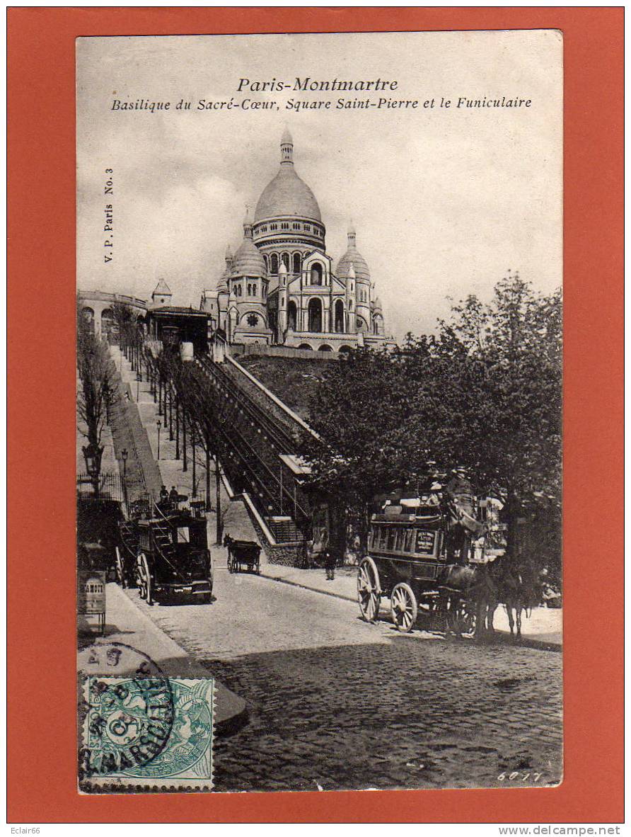 75 PARIS MONTMARTRE SQUARE SAINT PIERRE ET LE FUNICULAIRE Attelage Dilligence   TRAMWAY CPA  Année 1905  Animée - Transport Urbain En Surface