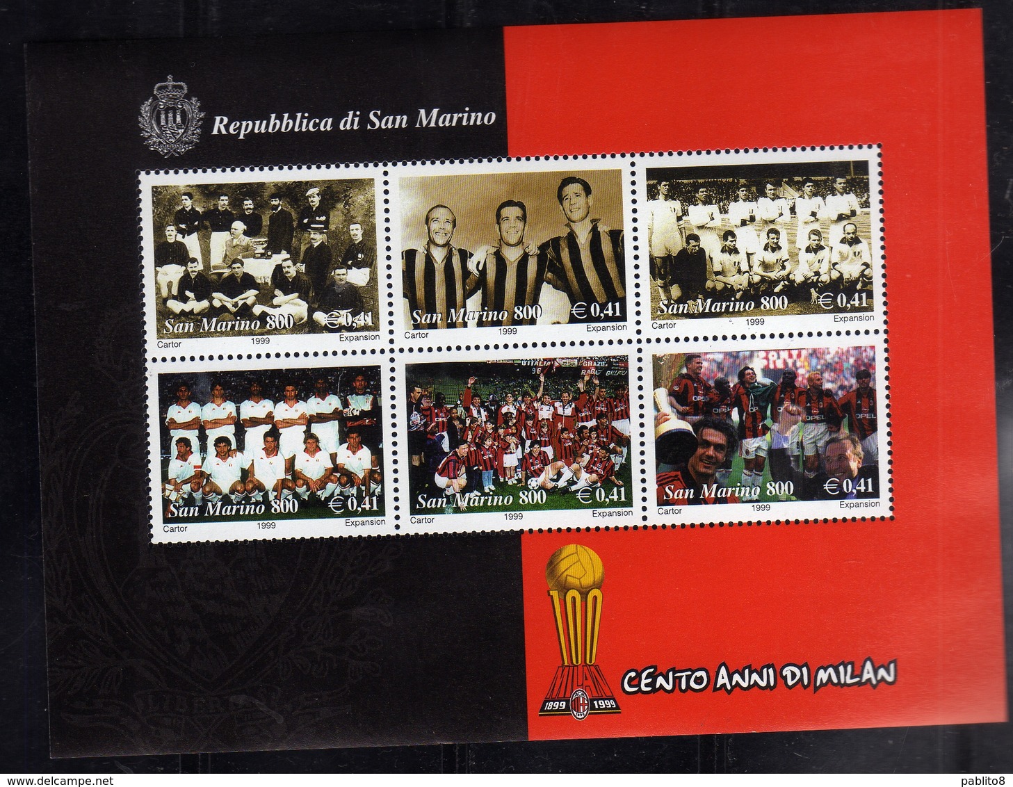 REPUBBLICA DI SAN MARINO 1999 MILAN CENTO ANNI CENTENARY SERIE BLOCCO FOGLIETTO SET BLOCK SHEET BLOC FEUILLET MNH - Unused Stamps