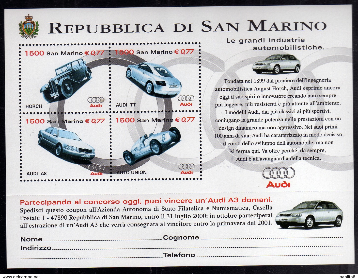 REPUBBLICA DI SAN MARINO 1999 GRANDI CASE AUTOMOBILISTICHE L'AUDI BLOCCO FOGLIETTO SERIE BLOCK SHEET SET BLOC MNH - Unused Stamps