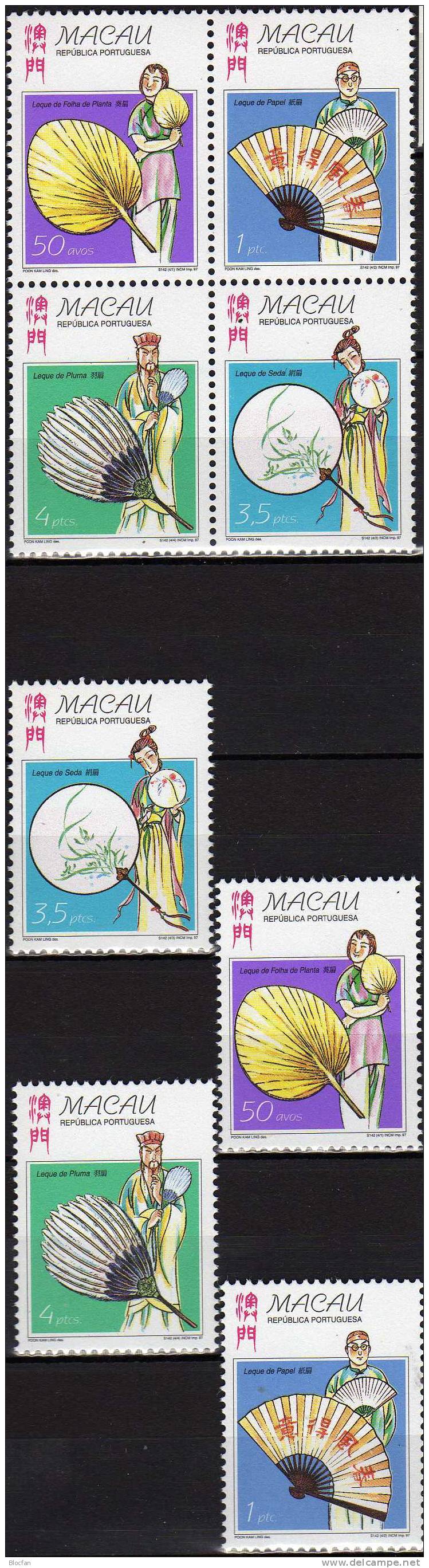 Aus China Fächer 1997 Macao 932/5,ZD,4-Block+Kleinbogen ** 32€ Traditionelle Volkskunst Kostüme Tanz Hoja Sheet Bf MACAU - Sammlungen (im Alben)