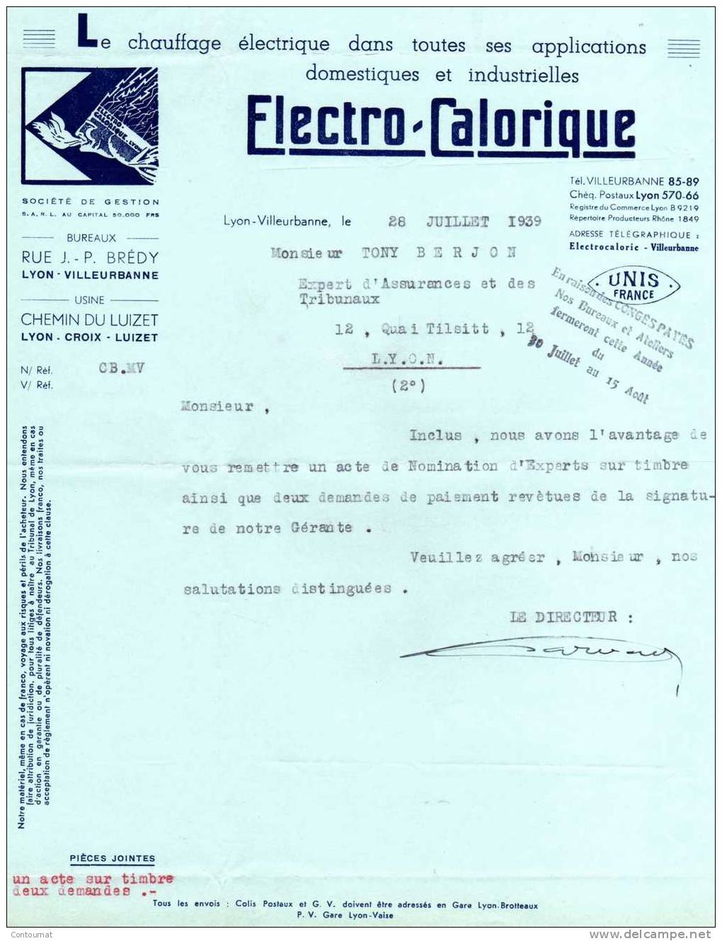 69 FACTURE  COURRIER  ELECTRO CALORIQUE à LYON VILLEURBANNE 1939 - Electricity & Gas