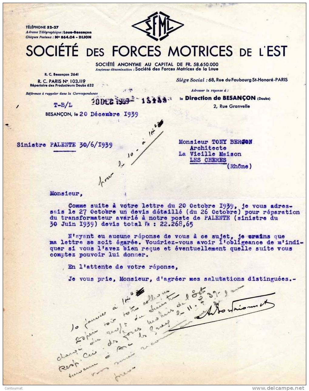 25 FACTURE  COURRIER  SOCIETE DES FORCES MOTRICES DE L'EST à BESANCON 1939 - Elektriciteit En Gas
