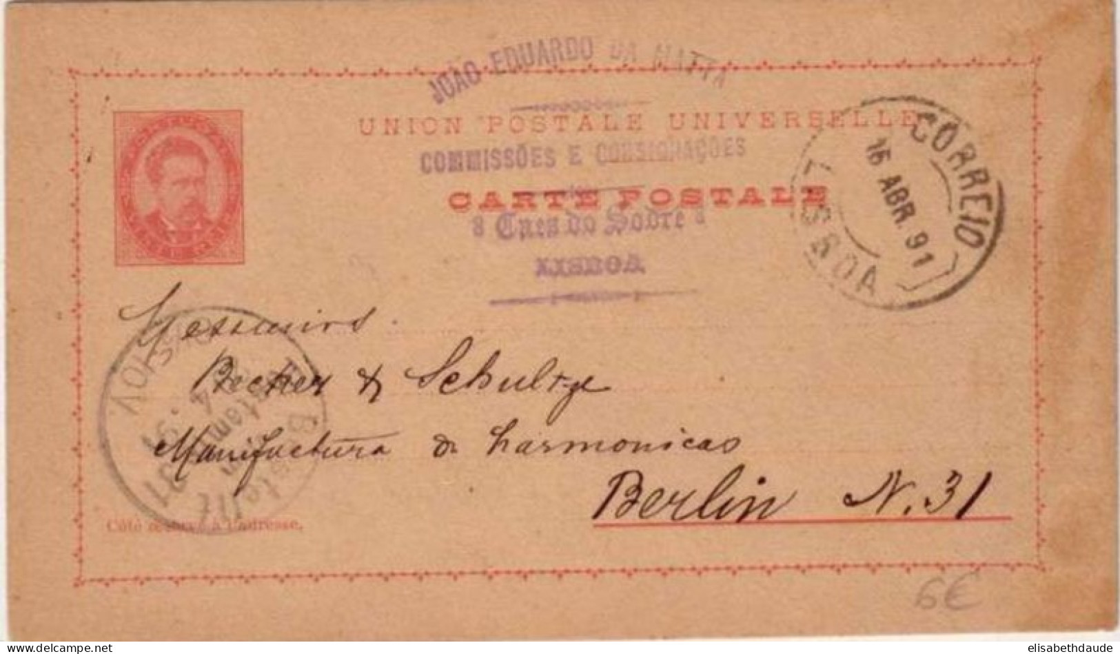 PORTUGAL - 1891 - LUIS 1° - CARTE POSTALE ENTIER De LISBONNE Pour BERLIN (ALLEMAGNE) - Entiers Postaux