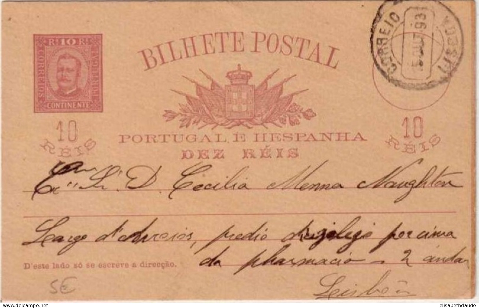 PORTUGAL - CARLOS 1° - CARTE ENTIER POSTAL Pour LISBONNE - 1893 - Postal Stationery