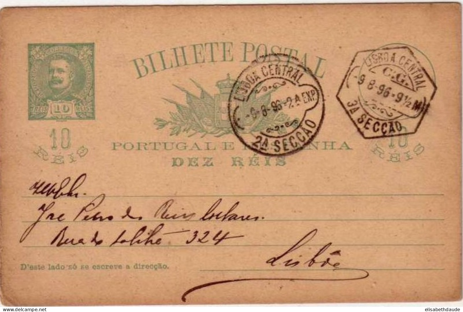 PORTUGAL - CARLOS 1° - CARTE ENTIER POSTAL Pour LISBONNE - 1896 - Postwaardestukken