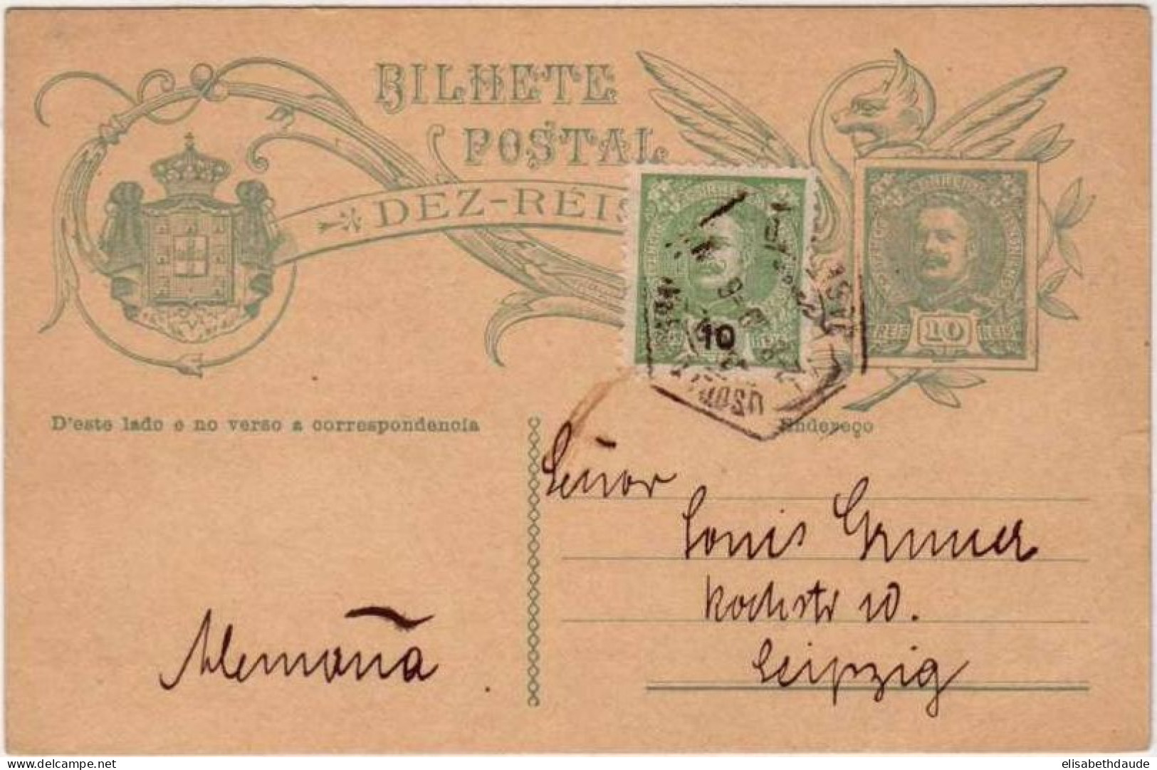 PORTUGAL - CARLOS 1° - CARTE ENTIER POSTAL Pour LEIPZIG (ALLEMAGNE) - 1899 - Postwaardestukken