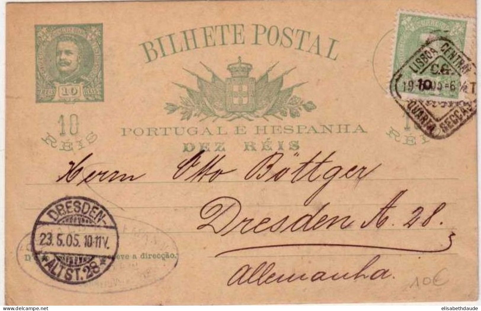 PORTUGAL - CARLOS 1° - CARTE ENTIER POSTAL De LISBONNE Pour DRESDEN (ALLEMAGNE) - 1905 - Interi Postali