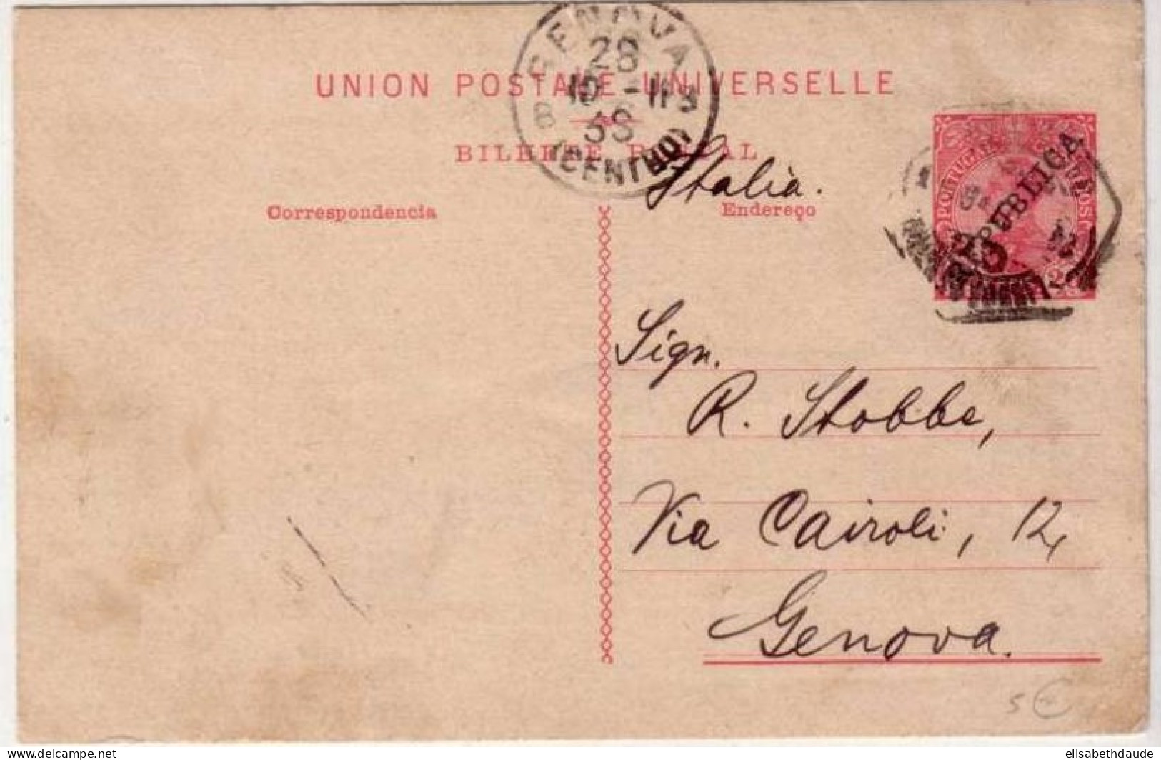 PORTUGAL - MANUEL II SURCHARGE REPUBLIQUE - CARTE ENTIER POSTAL De LISBONNE Pour GENES (ITALIE) - 1911 - Ganzsachen