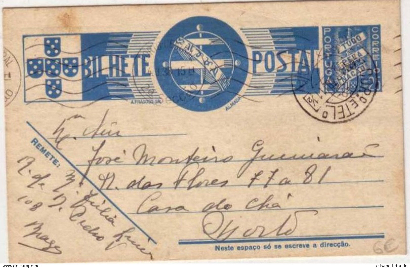 PORTUGAL - REPUBLIQUE 1938 - CARTE ENTIER POSTAL De BRAGA Pour PORTO - Postwaardestukken