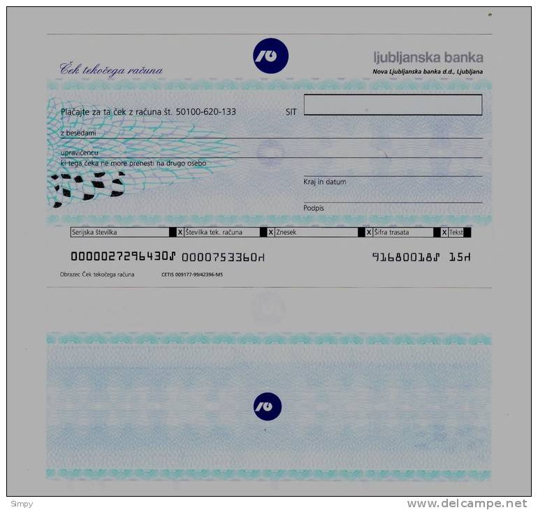 SLOVENIA:  Bank CHECK  LJUBLJANSKA Banka   Unc - Slowenien