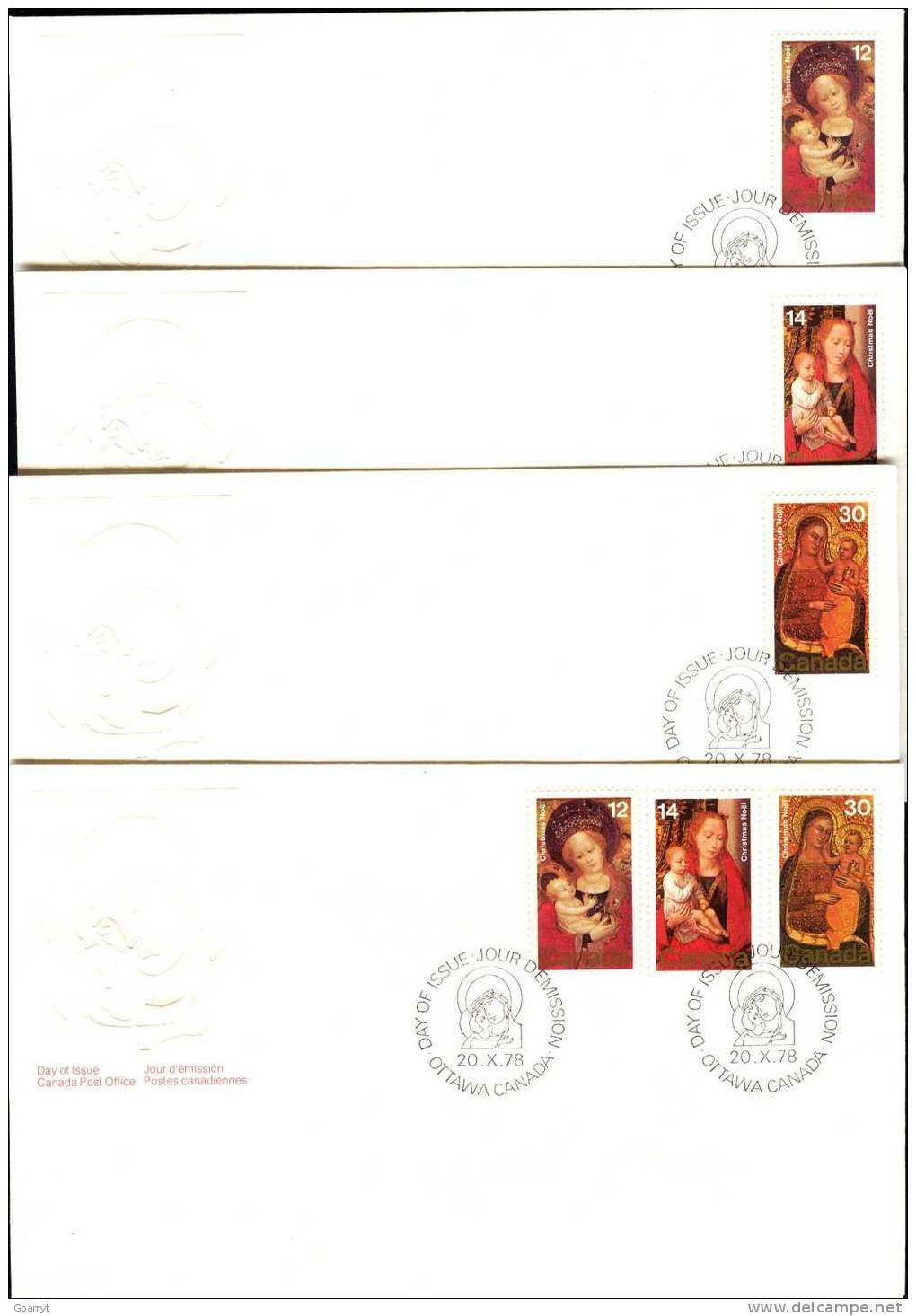 Canada Scott #  773 - 775 Complete. 4 Embossed First Day Covers. Madonna And Child - 1971-1980