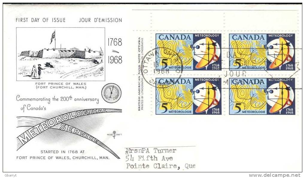 Canada Scott #  #479 Meteorology. Upper Left Corner Inscription Block Of 4. - 1961-1970