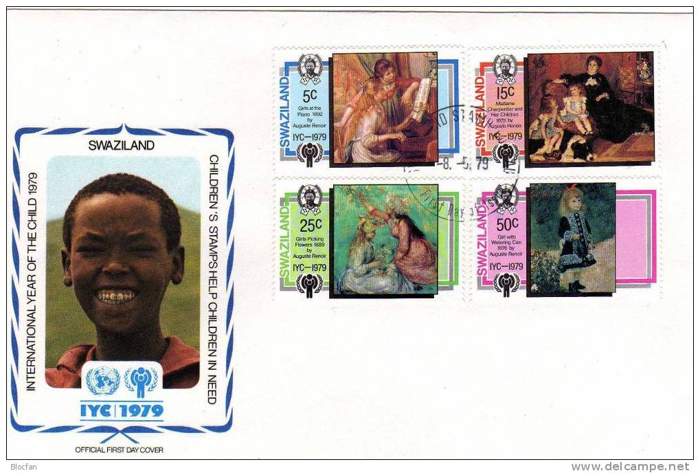 UNO Jahr Des Kindes 1979 Kind Und Natur Swaziland 318/1 + Block 3 Auf 2FDC 9€ Gemälde Von Renoir Am Piano - Swaziland (1968-...)