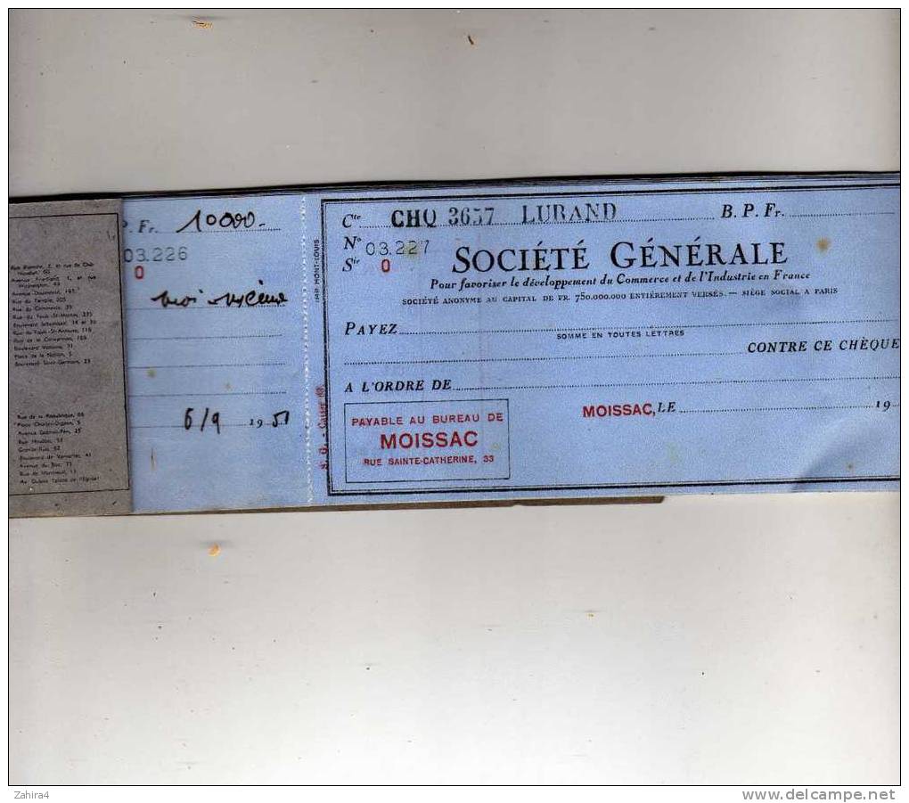 Banque  SOCIETE  GENERALE  -  Carnet De 24 Cheques Sur 25  -  Moissac - Non Classés