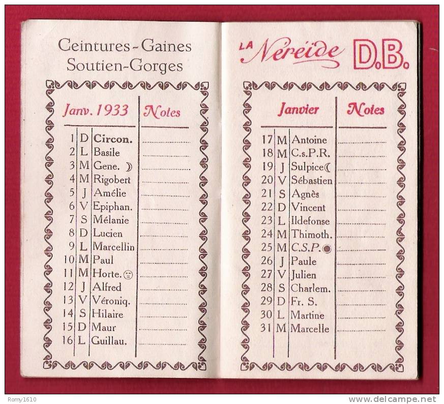 La Néréide. Ceintures, Gaines, Soutien-gorges. D.B. Bruxelles. Splendide Calendrier. Année 1933. 4 Scans. - Petit Format : 1921-40