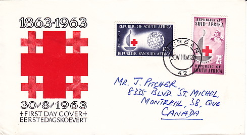 AFRIQUE DU SUD   1963  Centenaire De La Croix Rouge  FDC  Vignette Commémorative Au Dos - Rotes Kreuz