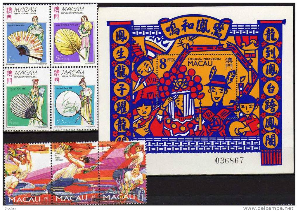 Traditionen In China 1993 MACAU 725, 913/15,932/5 Als ZD+Block 21 ** 38€ Drachen Fächer Hochzeitsfeier Musik Sheet Macao - Neufs