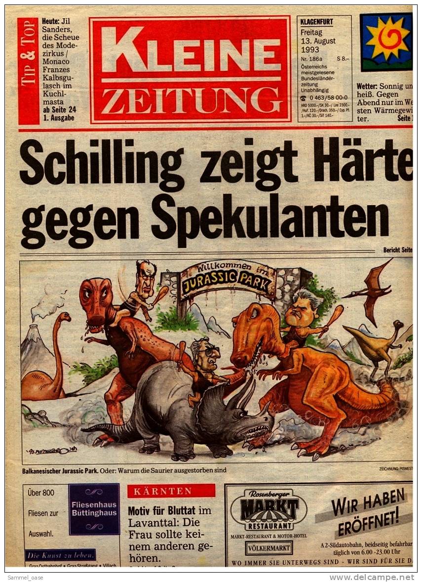 KLEINE  ZEITUNG Kärnten Klagenfurt  13.8. 1993  -  TV, Fussball , Kultur , Politik Und Interessante Berichte - Sonstige & Ohne Zuordnung