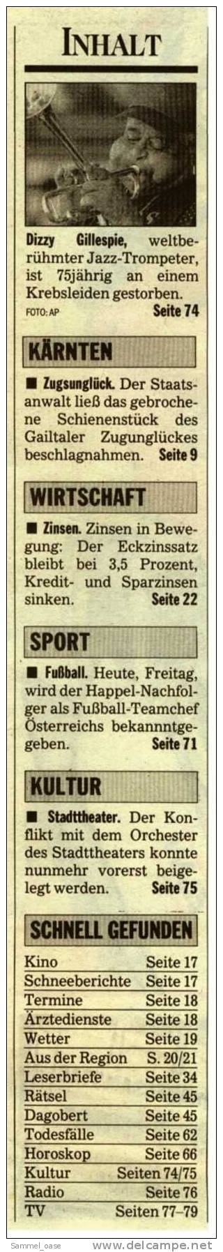 KLEINE  ZEITUNG Kärnten Klagenfurt  8.1. 1993  -  TV, Fussball , Kultur , Politik Und Interessante Berichte - Sonstige & Ohne Zuordnung