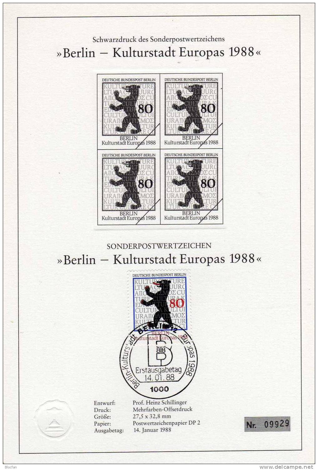 Schwarzdruck Kulturhauptstadt In Europa Berlin 800, SD-Block 1/88 SST Plus 800 ** 15€ Wappentier Der Bär - Joint Issues