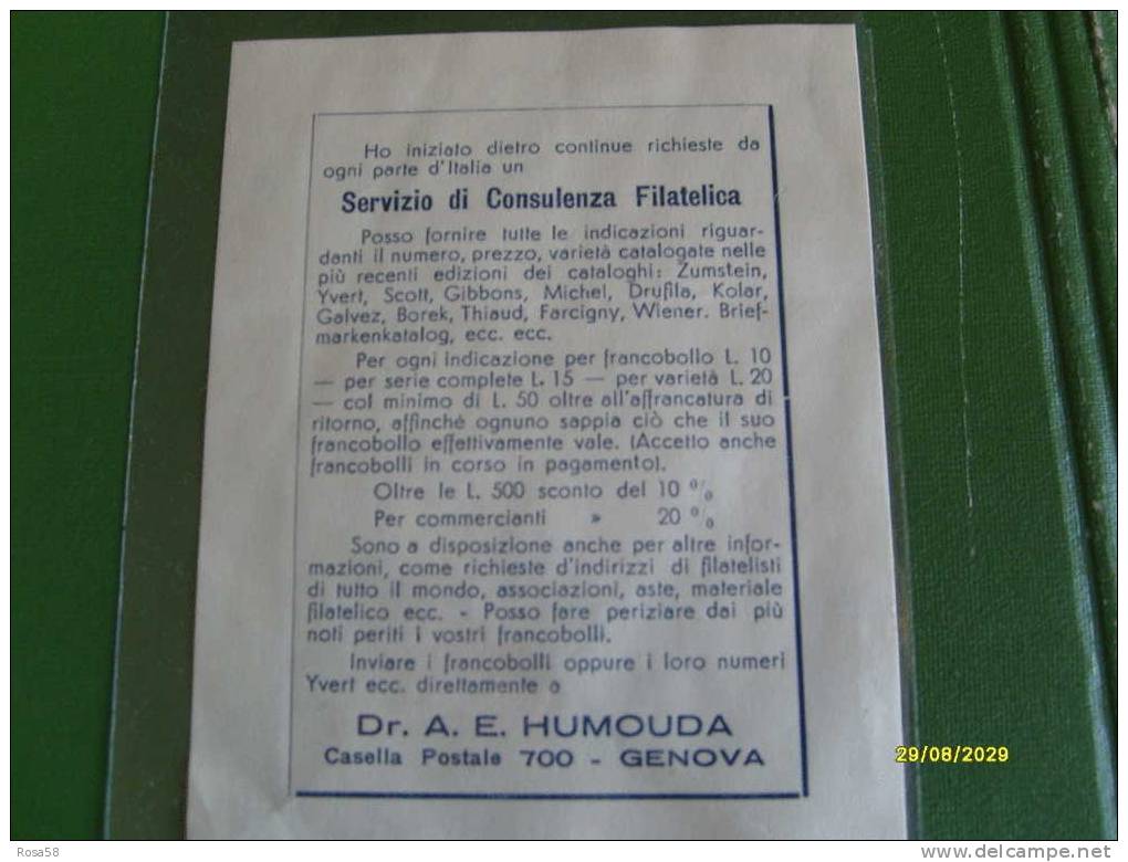 Stamps Briefmarken CURIOSITA Filatelica Epoca 'Pubblicità Dr. A.E.HOUMODA Genova Servizio Di Consulenza Filatelica - Italian (from 1941)