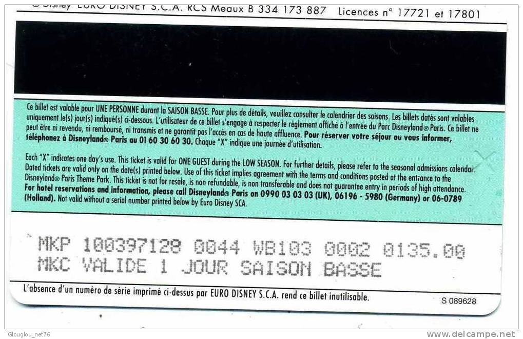 PASSEPORT DISNEY DISNEYLAND PASSEPORT BASSE SAISON  VOIR SCANER RECTO ET VERSO - Toegangsticket Disney