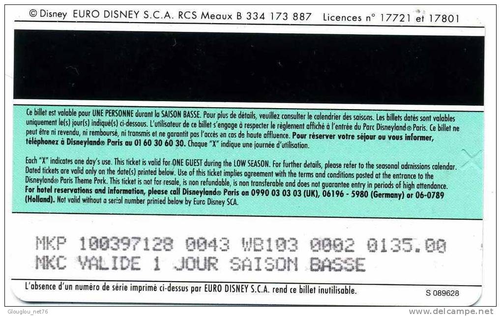 PASSEPORT DISNEY DISNEYLAND PASSEPORT BASSE SAISON VOIR SCANER RECTO ET VERSO - Toegangsticket Disney