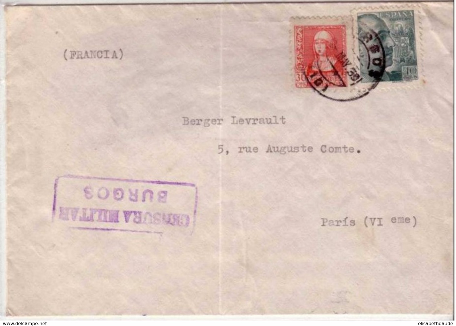 ESPAGNE - 1939 -  LETTRE De BURGOS Pour PARIS (FRANCE) - CENSURE DE BURGOS - Bolli Di Censura Nazionalista