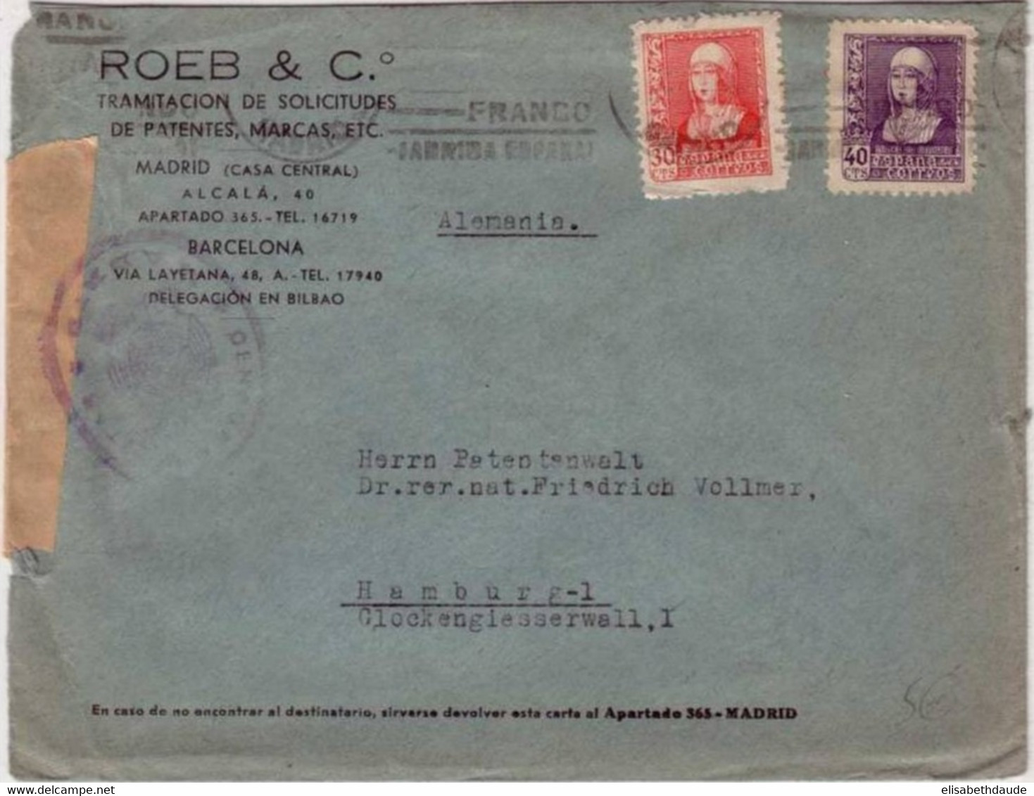 ESPAGNE - 1938 -  LETTRE De MADRID Pour HAMBOURG (ALLEMAGNE) - CENSURE DE MADRID - Marcas De Censura Nacional