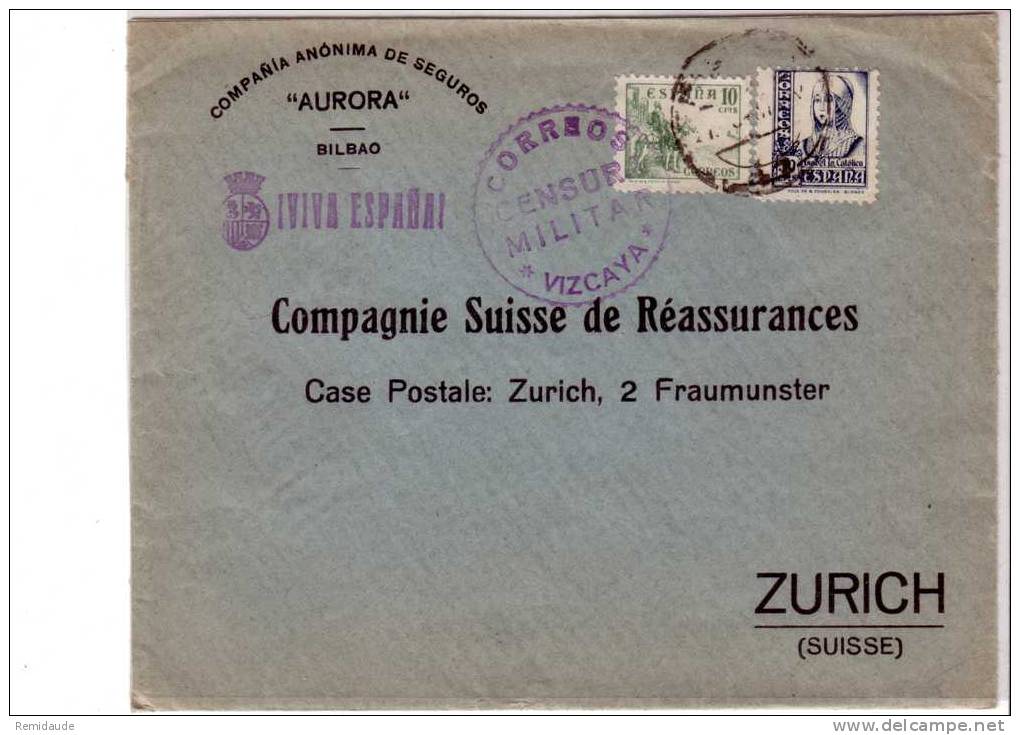 ESPAGNE - 1937 - LETTRE COMMERCIALE De BILBAO  Pour ZÜRICH (SUISSE) - CENSURE De VIZCAYA - Marques De Censures Nationalistes