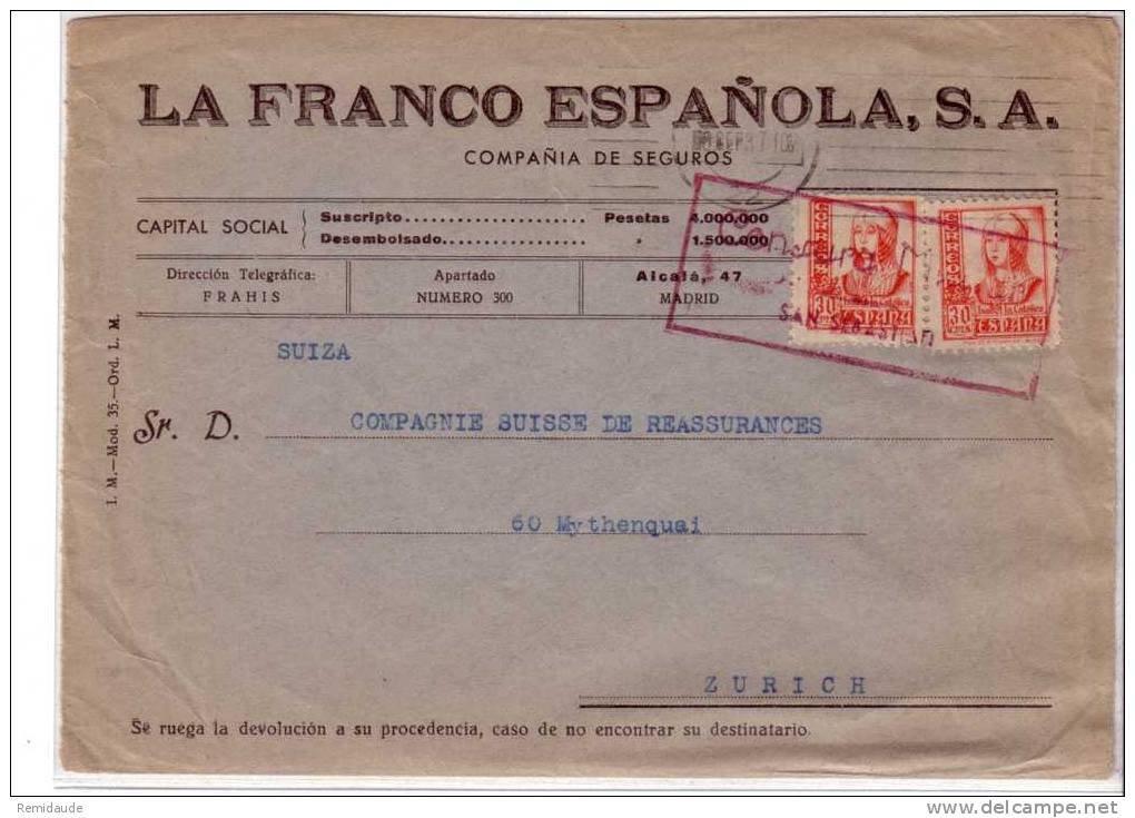 ESPAGNE - 1937 - LETTRE COMMERCIALE  Pour ZÜRICH (SUISSE) - CENSURE De SAN SEBASTIAN - Bolli Di Censura Nazionalista