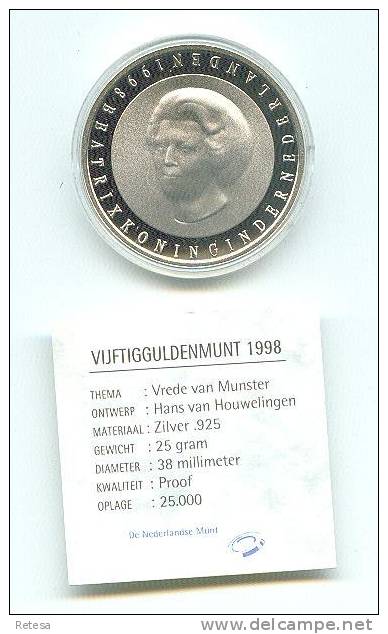 NEDERLAND 50 GULDEN  ZILVER  PROOF 1998 VREDE VAN MUNSTER IN ORIGINELE DOOS - Monete D'Oro E D'Argento