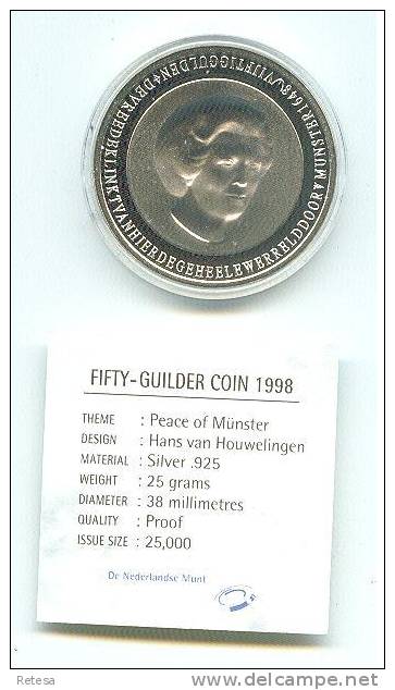 NEDERLAND 50 GULDEN  ZILVER  PROOF 1998 VREDE VAN MUNSTER IN ORIGINELE DOOS - Gold- & Silbermünzen