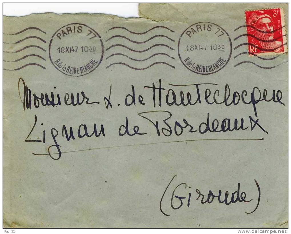 Lettre De Paris Pour Lignan De Bordeaux Avec 721A  1947 - Briefe U. Dokumente