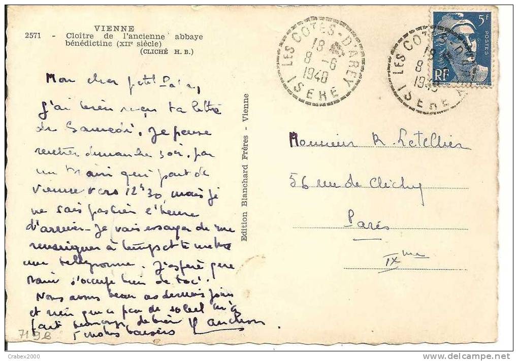 N° Y&t  719B   CP  CAD PROVISOIRE   COTE D'AREY      Vers   PARIS Le 08 JUIN1948 - Storia Postale