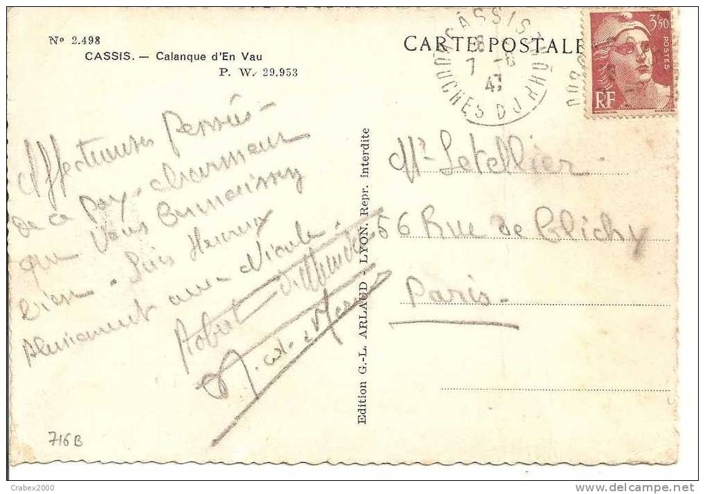 N° Y&t  716B   CP  CASSIS      Vers   PARIS Le 07 JUIN1947 - Covers & Documents