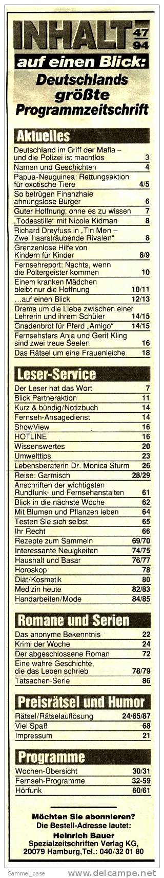 Auf Einen Blick  Zeitschrift  -  17.11.1994  -  Mit :  Finanzhaie  - Hilfe Von Kindern Für Kinder - Film & TV