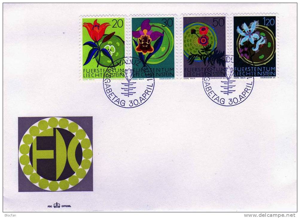 Europäisches Naturschutz - Jahr 1970 Blumen / Pflanzen Liechtenstein 521/4 + FDC 7€ Gletscher Hahnenfuß, Hummel - Blume - Storia Postale