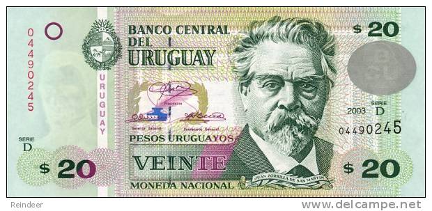 ® URUGUAY: 20 Pesos (2003) UNC Serie D - Uruguay