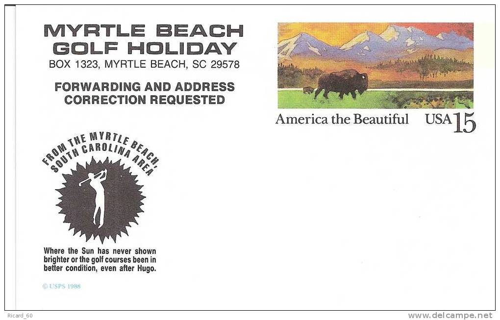 Entier Postal Usa, 1989,myrtle Beach Golf Holiday, Dommages Causés Par Le Cyclone Hugo, Golfeur, Bison - Golf