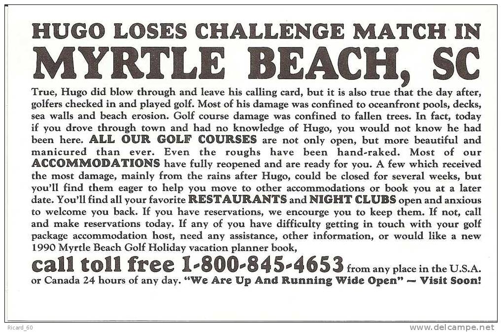 Entier Postal Usa, 1989,myrtle Beach Golf Holiday, Dommages Causés Par Le Cyclone Hugo, Golfeur, Bison - Golf