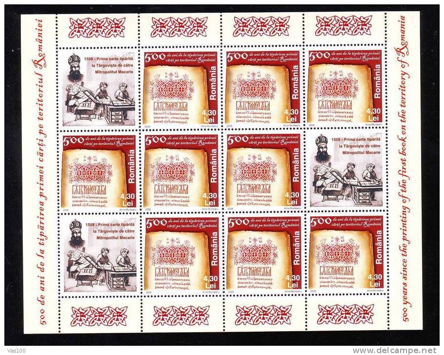 Romania 2008 MINISHEET OF 9 PCS + 3 LABELS,500 YEARS SINCE THE PRINTING OF THE FIRST BOOK ON THE TERRITORY OF RO. ,MNH. - Full Sheets & Multiples