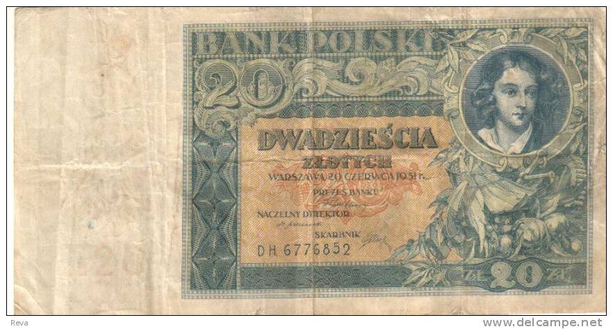 POLAND 20 ZLOTYCH BLUE WOMAN FRONT & WOMAN & CHILDREN BACK DATED 20-06-1931 AVF P.? READ DESCRIPTION !! - Polonia