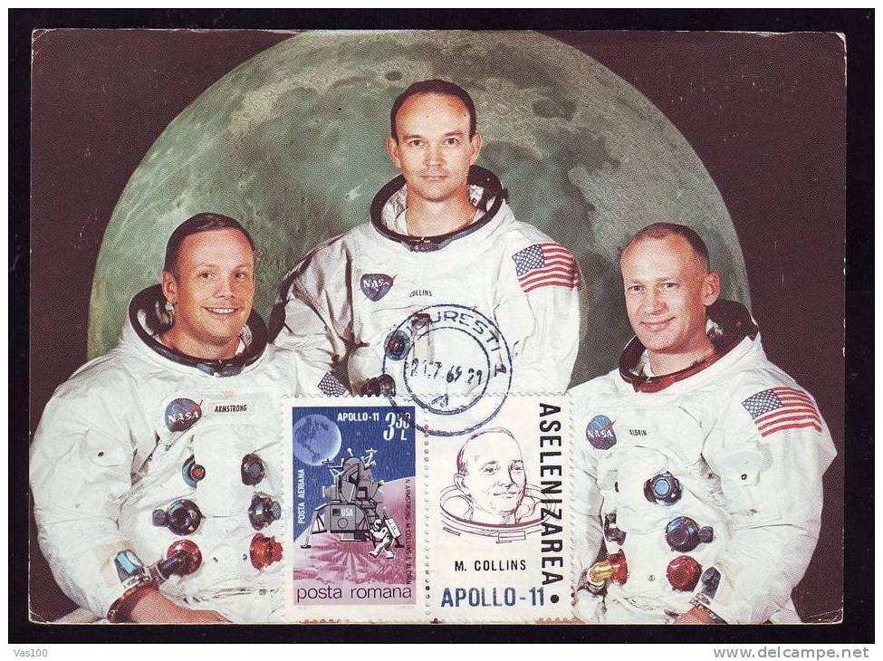 Romania 1969 SPACE;APOLLO-11,NEIL ARMSTRONG,M. COLLINS,E. ALDRIN, FIRST MAN IN SPACE,MAXICARD. - Europe