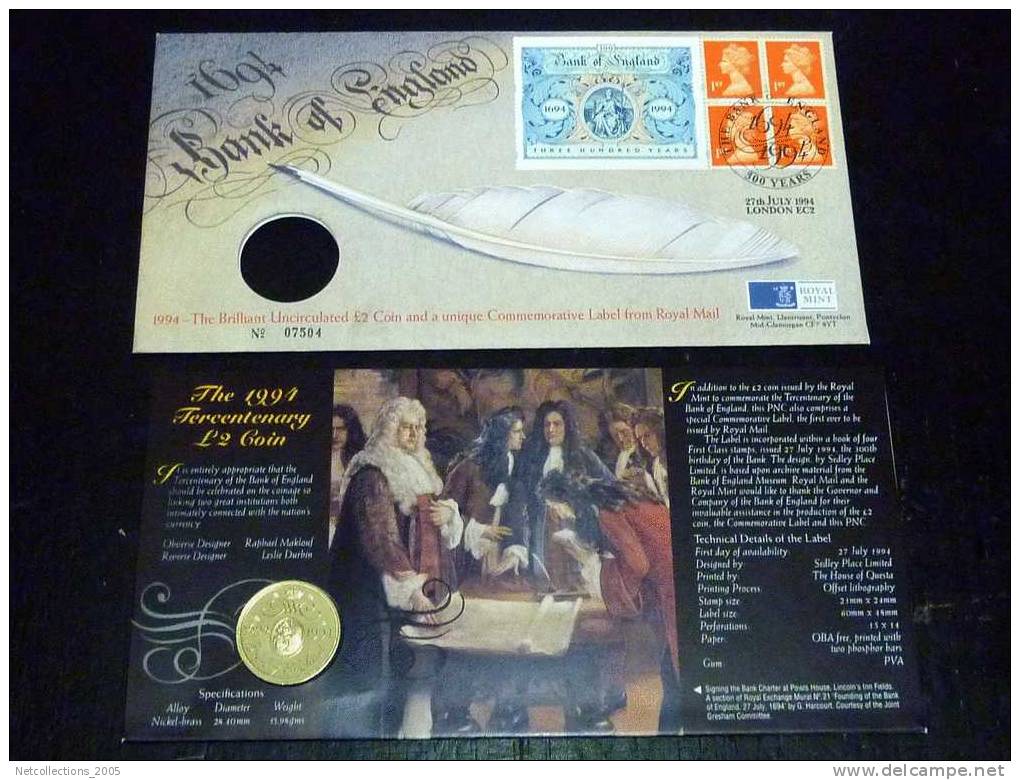 MONNAIES + TIMBRES = ROYAL MAIL & ROYAL MINT - 1994 THE BRILLANT UNCIRCULATED £2 COIN AND UNIQUE COMMEMORATIVE LABEL FRO - Maundy Sets & Commémoratives