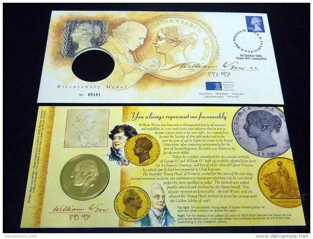 MONNAIES + TIMBRES = ROYAL MAIL & ROYAL MINT - WILLIAM WYON R.A. 1795-1851 - BICENTENARY - Maundy Sets & Gedenkmünzen