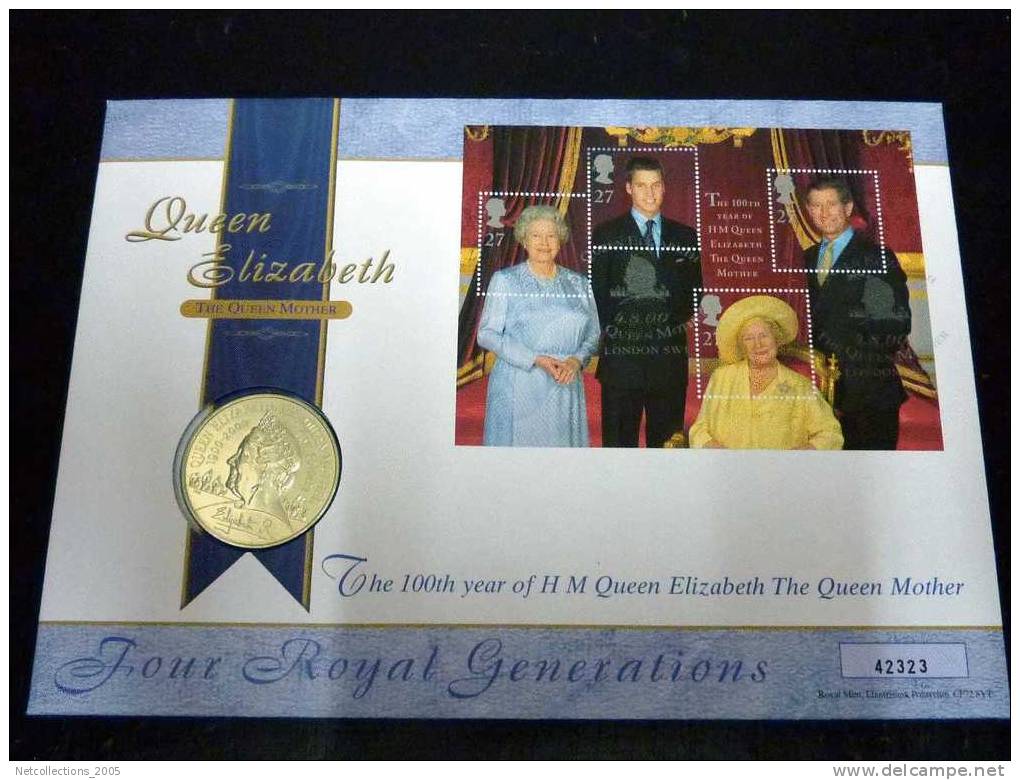 MONNAIES + TIMBRES = ROYAL MAIL & ROYAL MINT - THE 100th YEAR OF H M QUEEN ELIZABETH THE QUEEN MOTHER - Maundy Sets & Commemorative